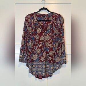 Lucky Brand Viscose Hi Low Floral Paisley Popover Blouse Top Maroon Blue Size XL
